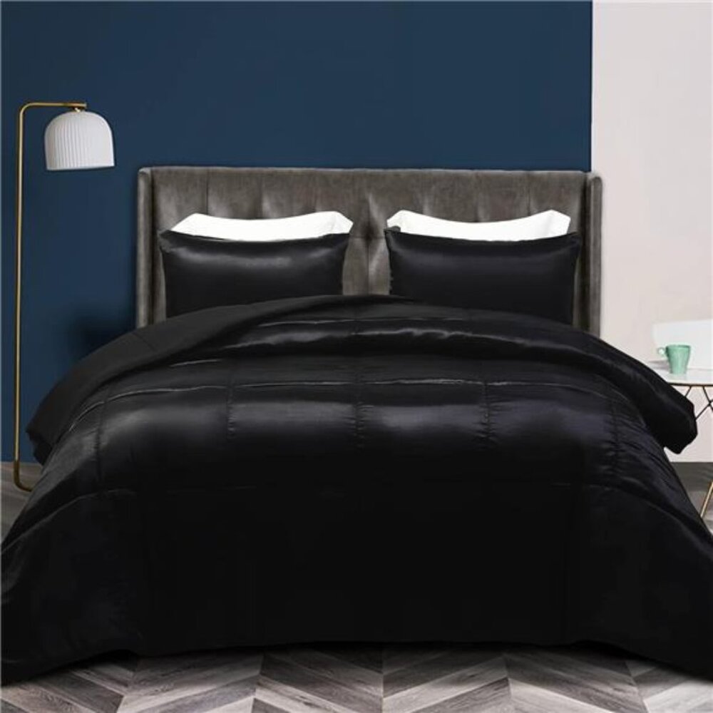 3-Piece Reversible King Size Silk Comforter Set/Bedding Set,Soft Satin Comforter